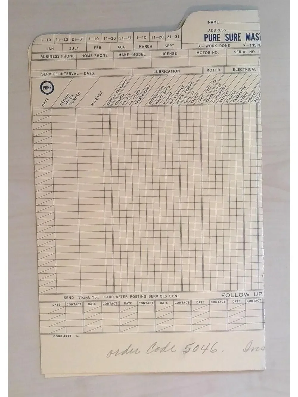 Vintage PURE Oil MASTER SERVICE LOG Automotive Ephemera 1940s 1950s Blank